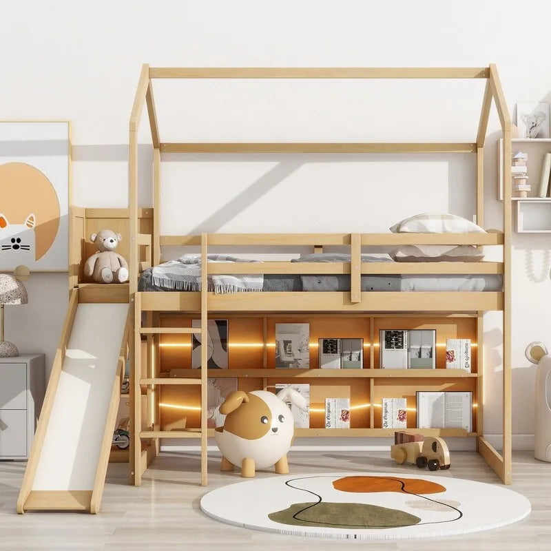 Cama alta de madera tipo loft con tobogán, almacenamiento y luz, tamaño individual