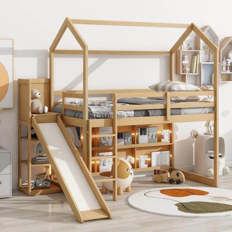 Cama alta de madera tipo loft con tobogán, almacenamiento y luz, tamaño individual
