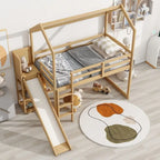 Cama alta de madera tipo loft con tobogán, almacenamiento y luz, tamaño individual