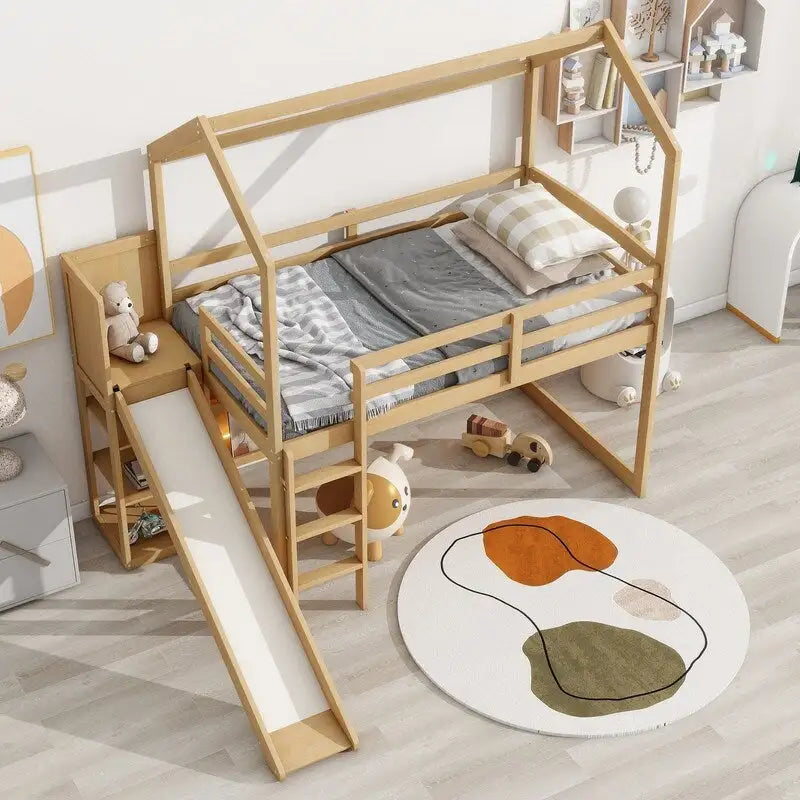 Cama alta de madera tipo loft con tobogán, almacenamiento y luz, tamaño individual