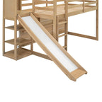 Cama alta de madera tipo loft con tobogán, almacenamiento y luz, tamaño individual