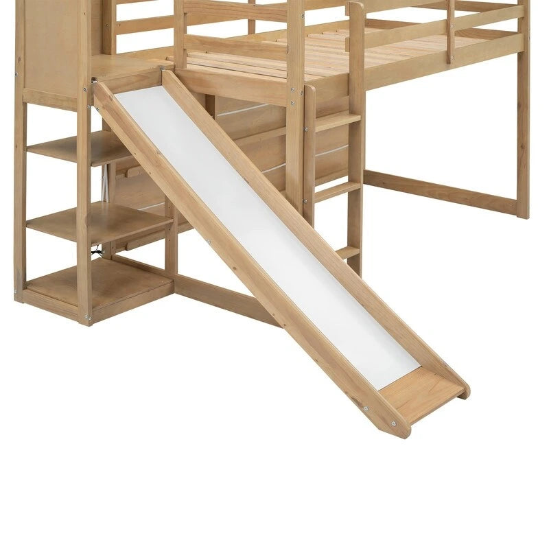 Cama alta de madera tipo loft con tobogán, almacenamiento y luz, tamaño individual