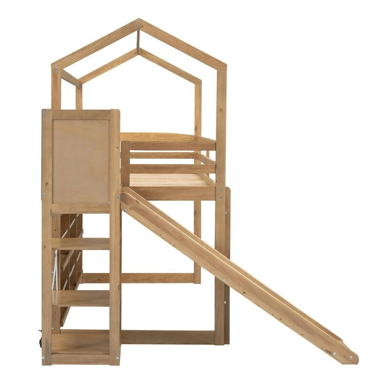 Cama alta de madera tipo loft con tobogán, almacenamiento y luz, tamaño individual