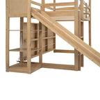Cama alta de madera tipo loft con tobogán, almacenamiento y luz, tamaño individual