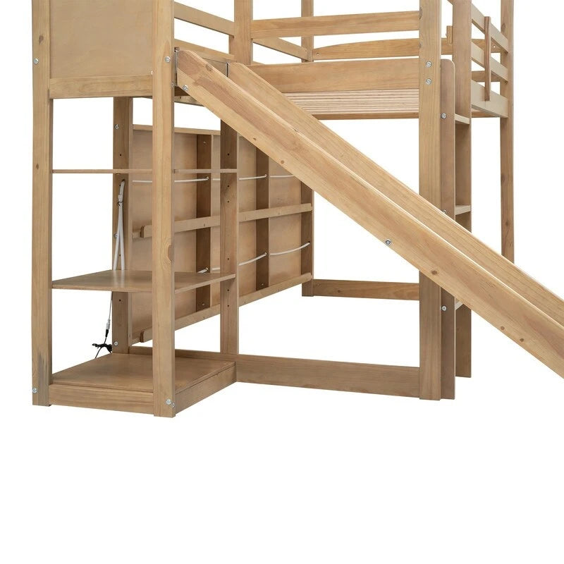 Cama alta de madera tipo loft con tobogán, almacenamiento y luz, tamaño individual