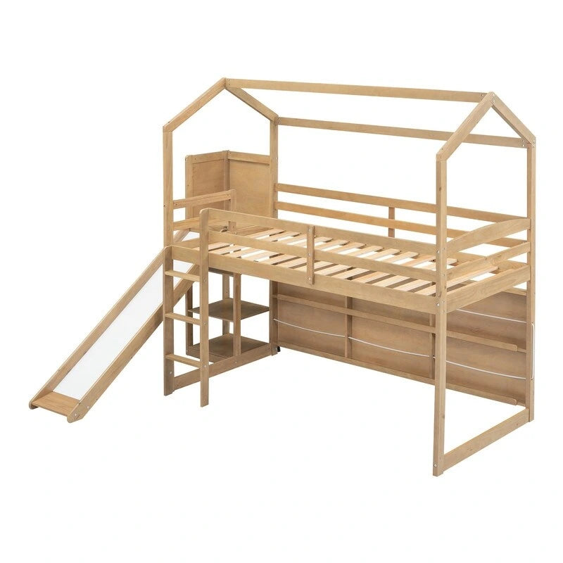 Cama alta de madera tipo loft con tobogán, almacenamiento y luz, tamaño individual