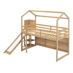 Cama alta de madera tipo loft con tobogán, almacenamiento y luz, tamaño individual