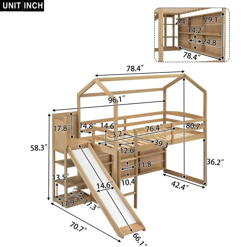Cama alta de madera tipo loft con tobogán, almacenamiento y luz, tamaño individual