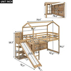 Cama alta de madera tipo loft con tobogán, almacenamiento y luz, tamaño individual