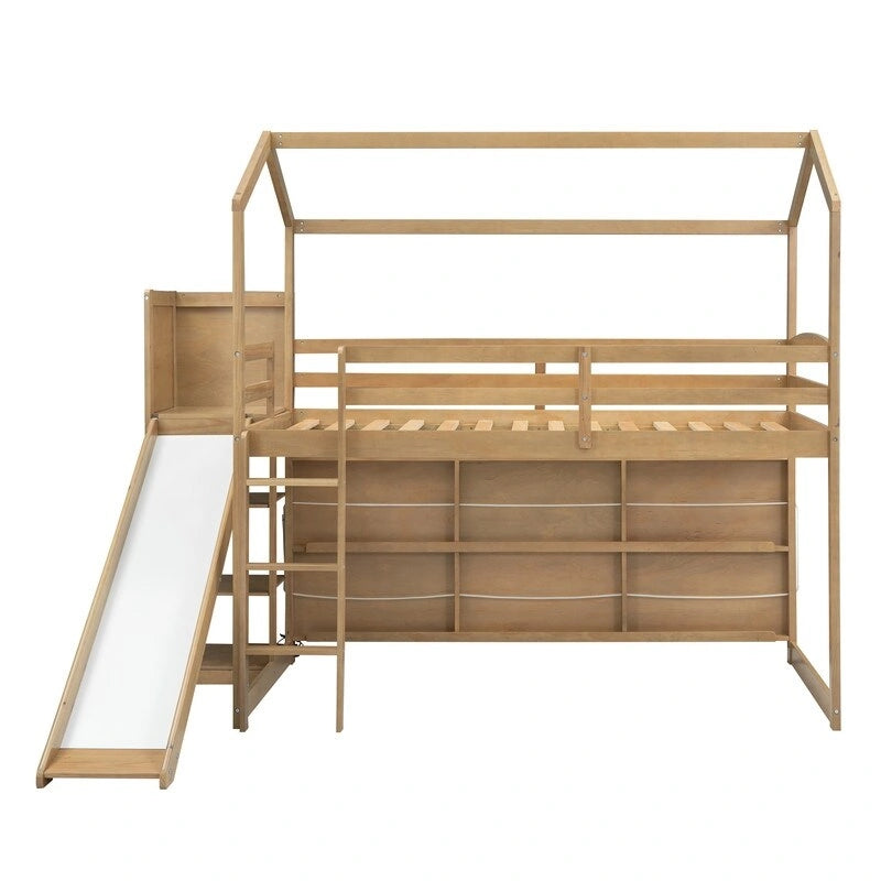 Cama alta de madera tipo loft con tobogán, almacenamiento y luz, tamaño individual