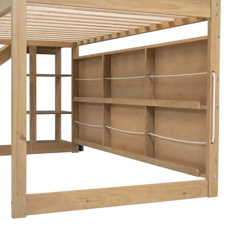 Cama alta de madera tipo loft con tobogán, almacenamiento y luz, tamaño individual