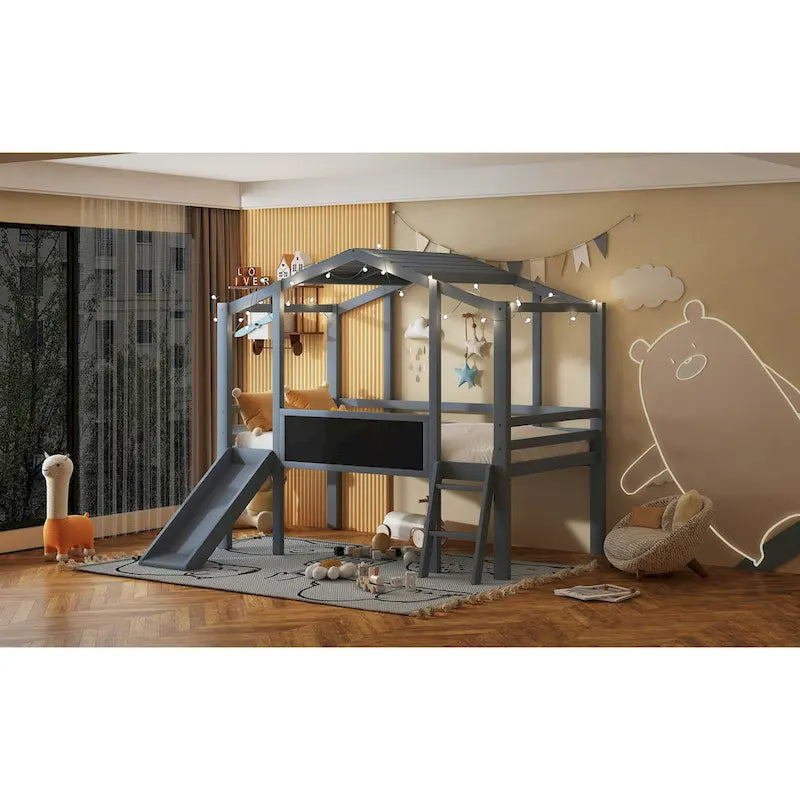 Cama alta individual con escalera y tobogán