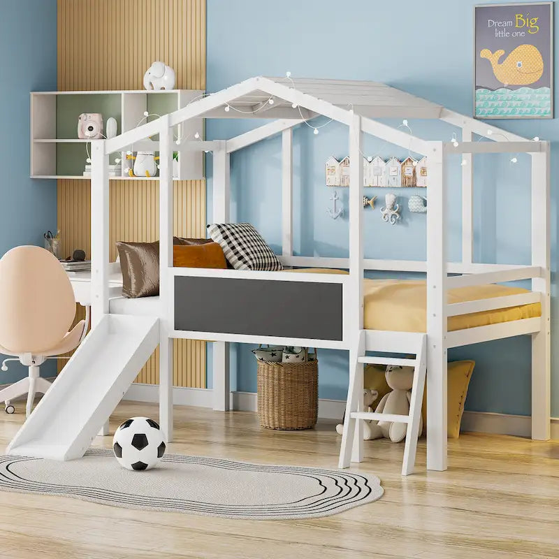 Cama alta individual con escalera y tobogán