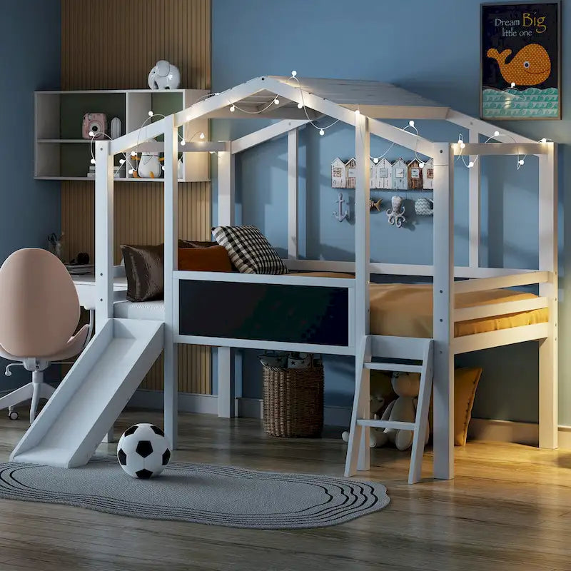 Cama alta individual con escalera y tobogán
