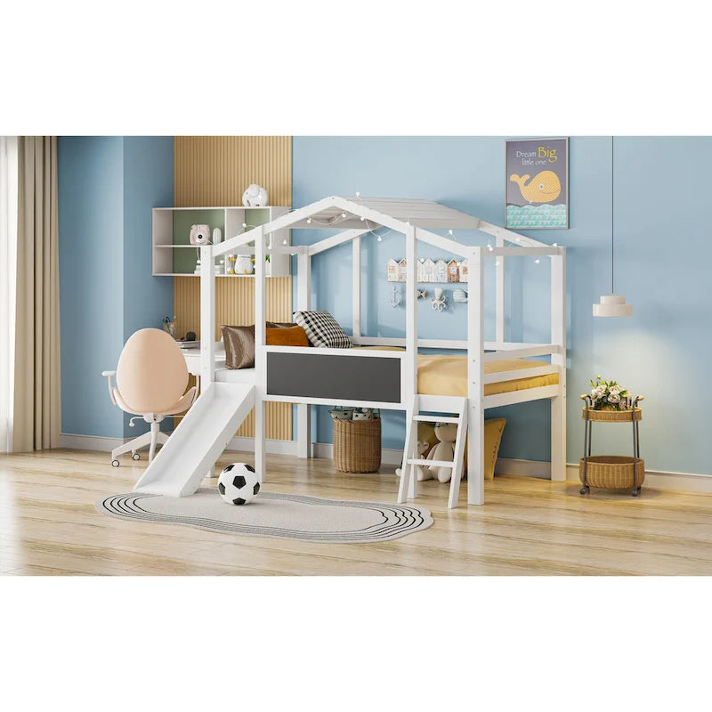 Cama alta individual con escalera y tobogán