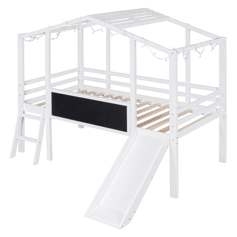 Cama alta individual con escalera y tobogán