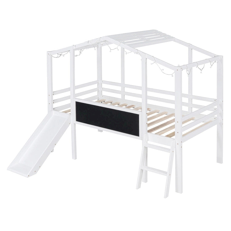 Cama alta individual con escalera y tobogán