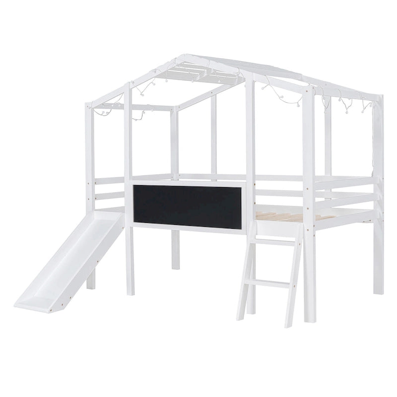 Cama alta individual con escalera y tobogán