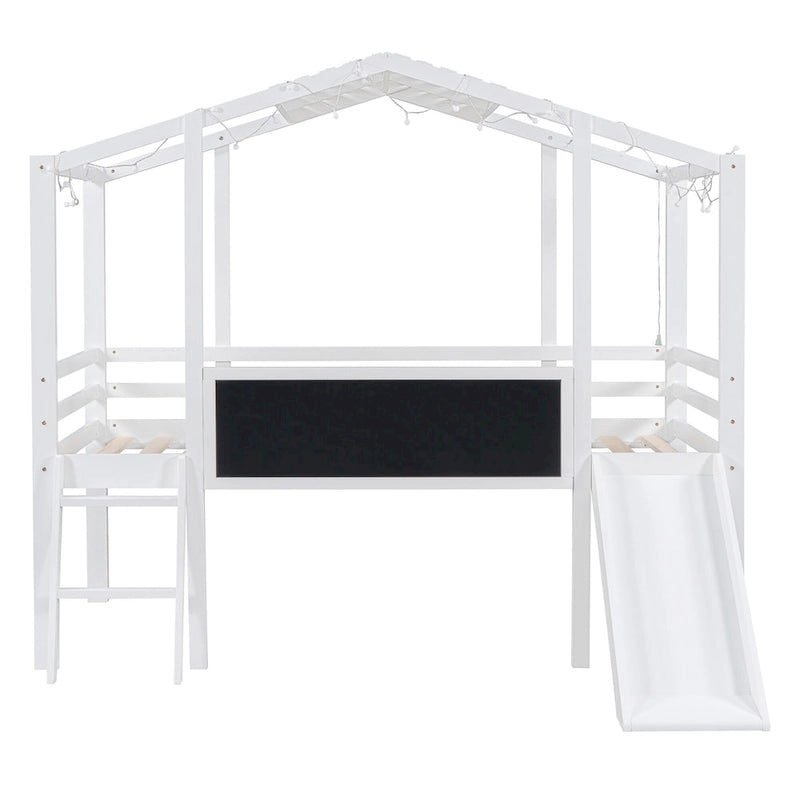 Cama alta individual con escalera y tobogán