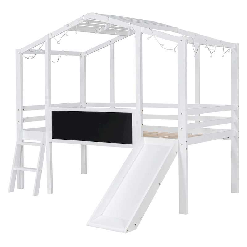 Cama alta individual con escalera y tobogán