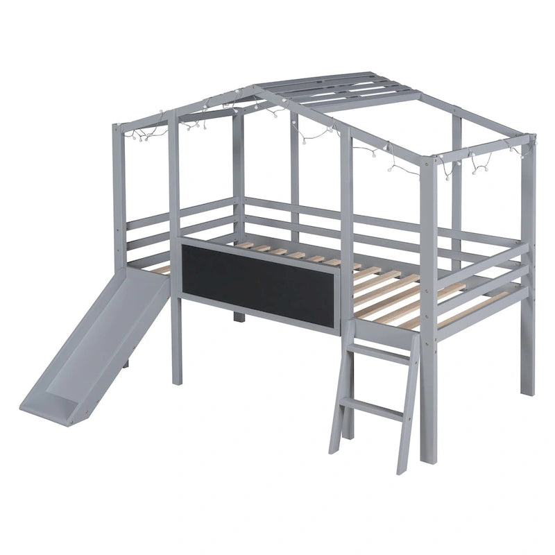 Cama alta individual con escalera y tobogán