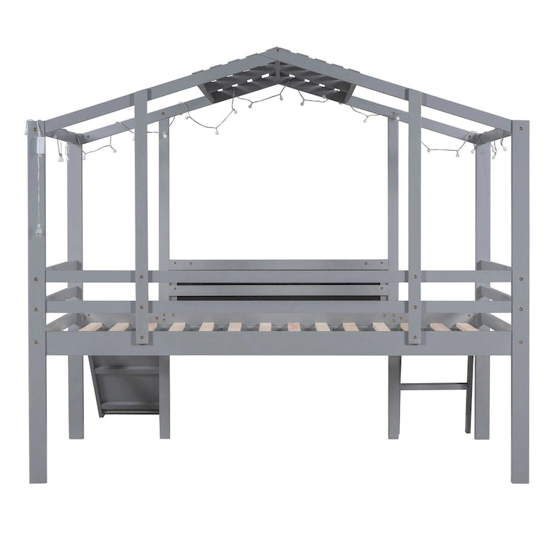 Cama alta individual con escalera y tobogán