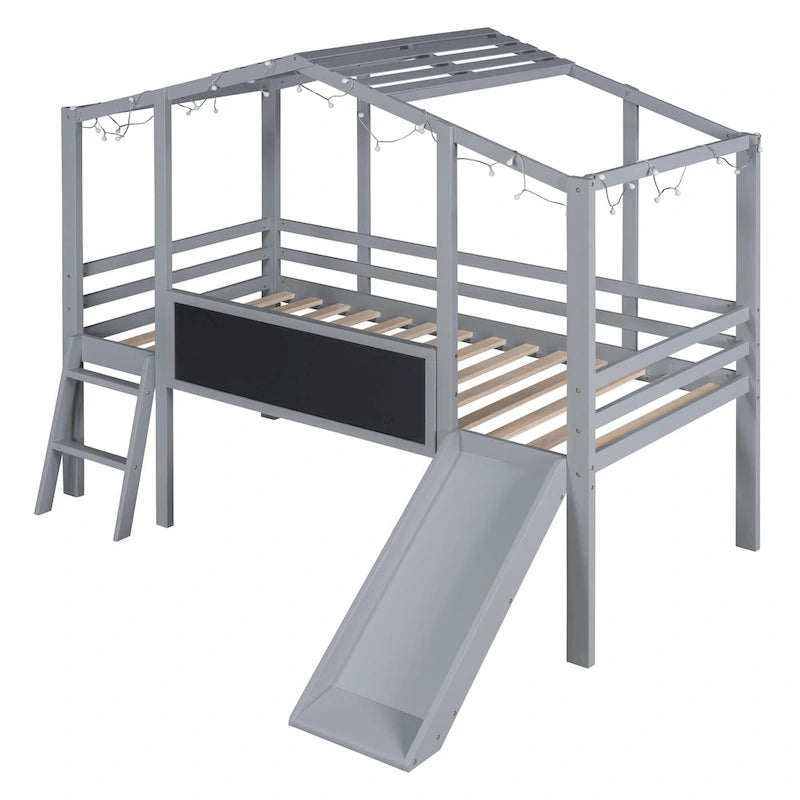 Cama alta individual con escalera y tobogán