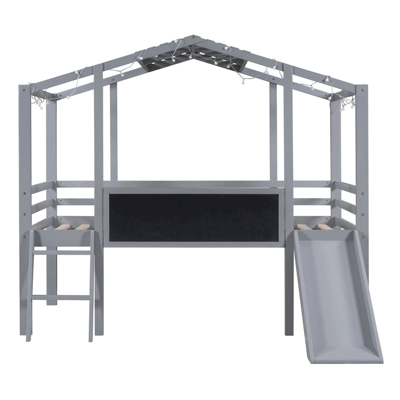 Cama alta individual con escalera y tobogán