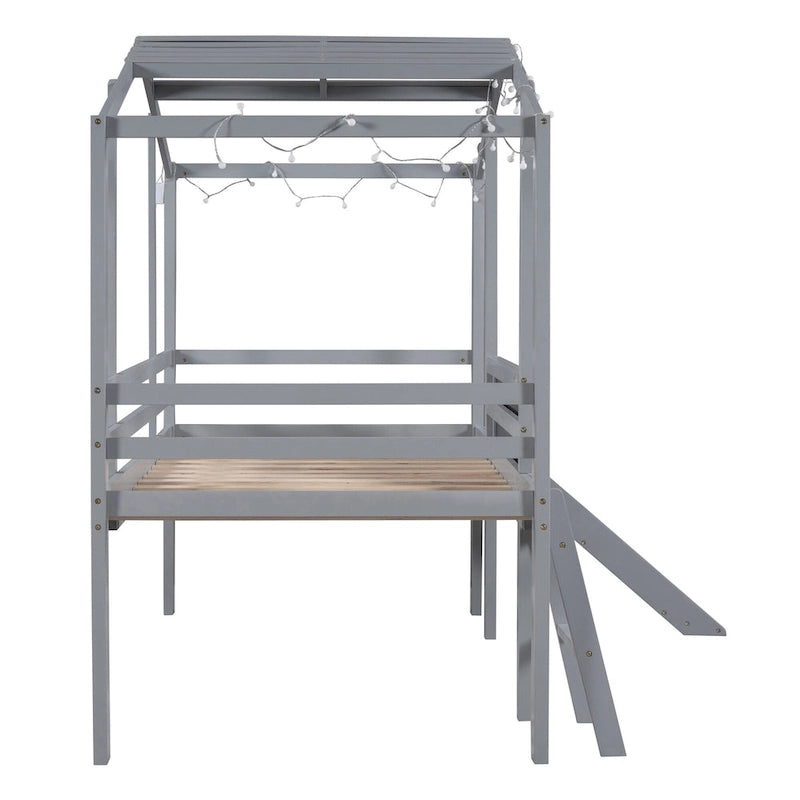 Cama alta individual con escalera y tobogán