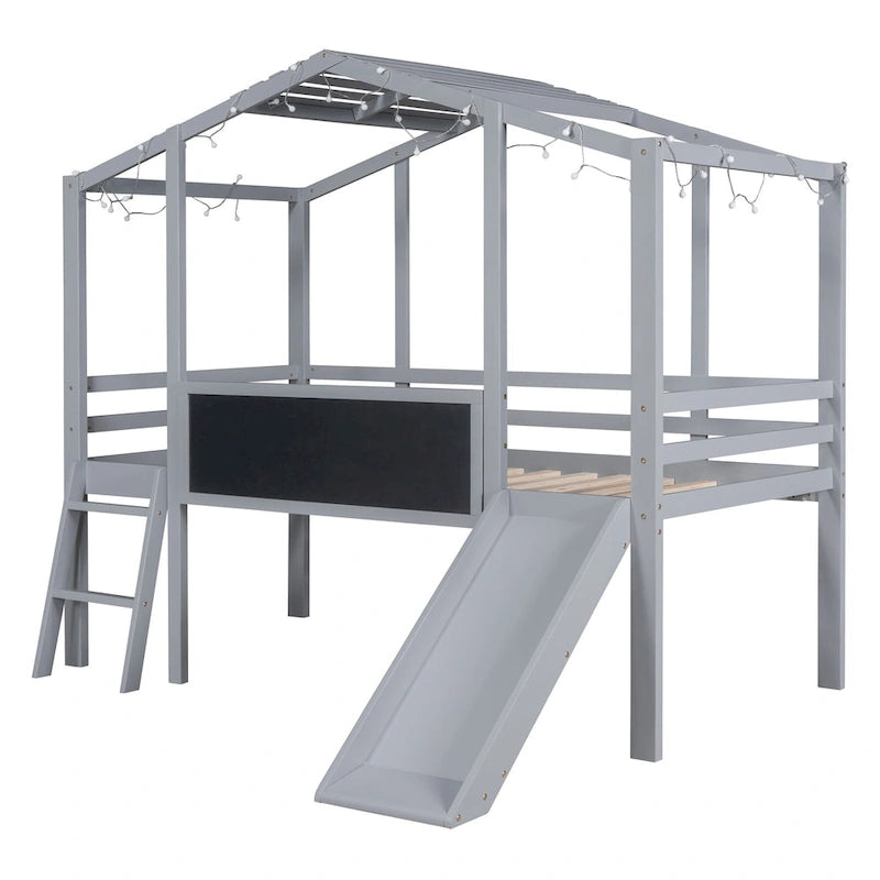 Cama alta individual con escalera y tobogán