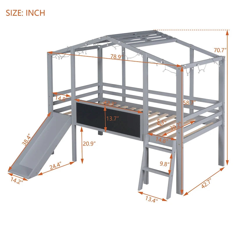 Cama alta individual con escalera y tobogán