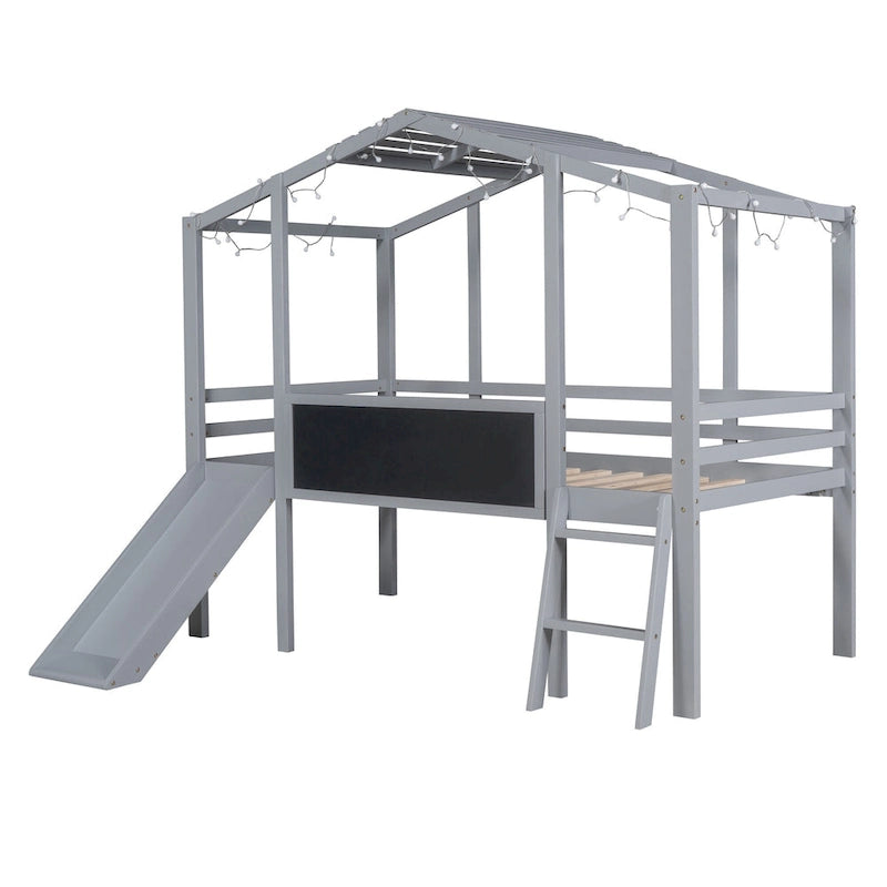 Cama alta individual con escalera y tobogán