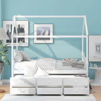 Twin Wooden House Bed with Pull-Out Trundle and Additional Drawers