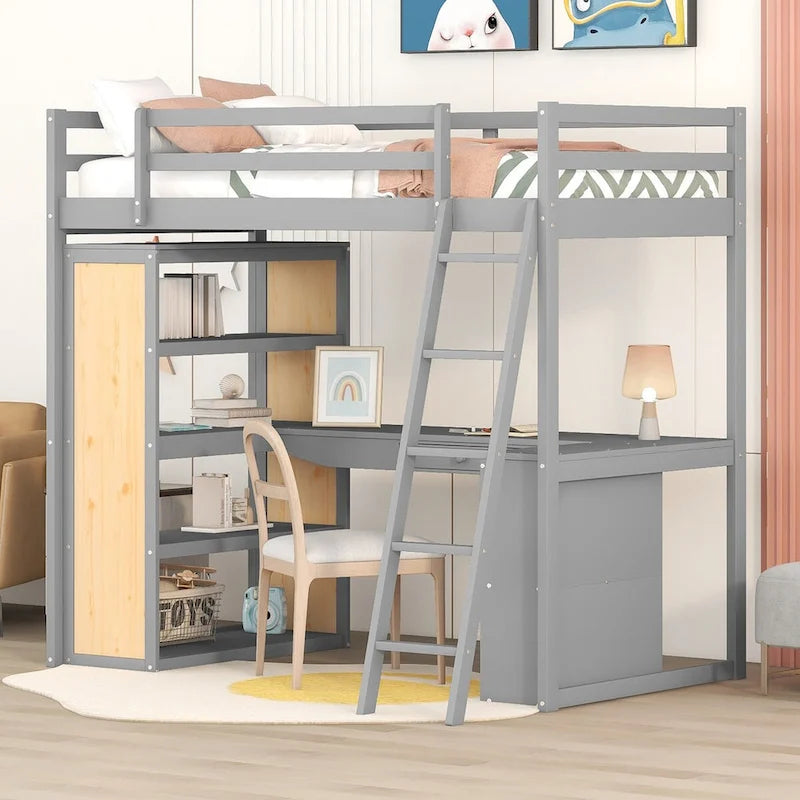 Cama alta con escritorio, estantes, cajón y escalera, barandilla de cuerpo entero