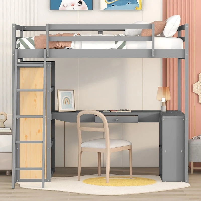Cama alta con escritorio, estantes, cajón y escalera, barandilla de cuerpo entero
