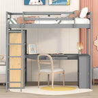 Cama alta con escritorio, estantes, cajón y escalera, barandilla de cuerpo entero