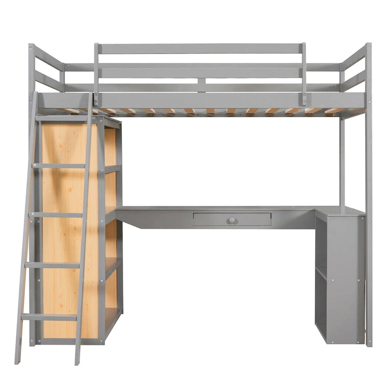 Cama alta con escritorio, estantes, cajón y escalera, barandilla de cuerpo entero
