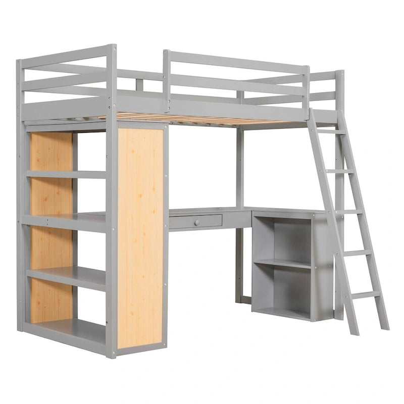 Cama alta con escritorio, estantes, cajón y escalera, barandilla de cuerpo entero
