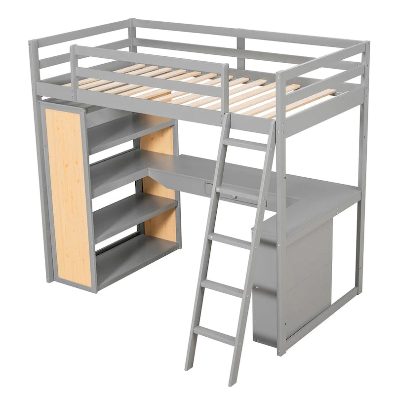 Cama alta con escritorio, estantes, cajón y escalera, barandilla de cuerpo entero