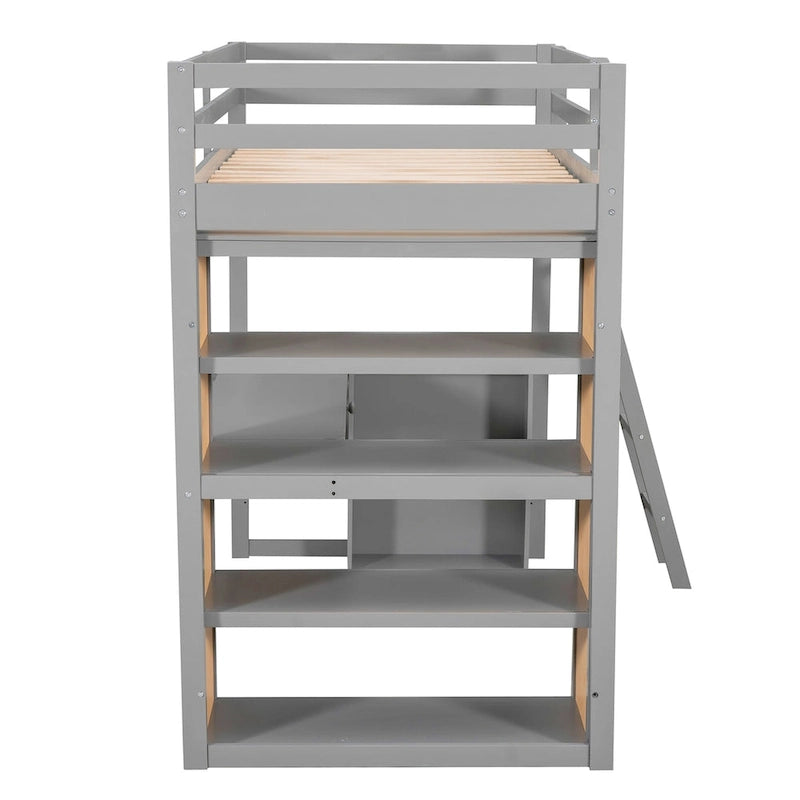 Cama alta con escritorio, estantes, cajón y escalera, barandilla de cuerpo entero