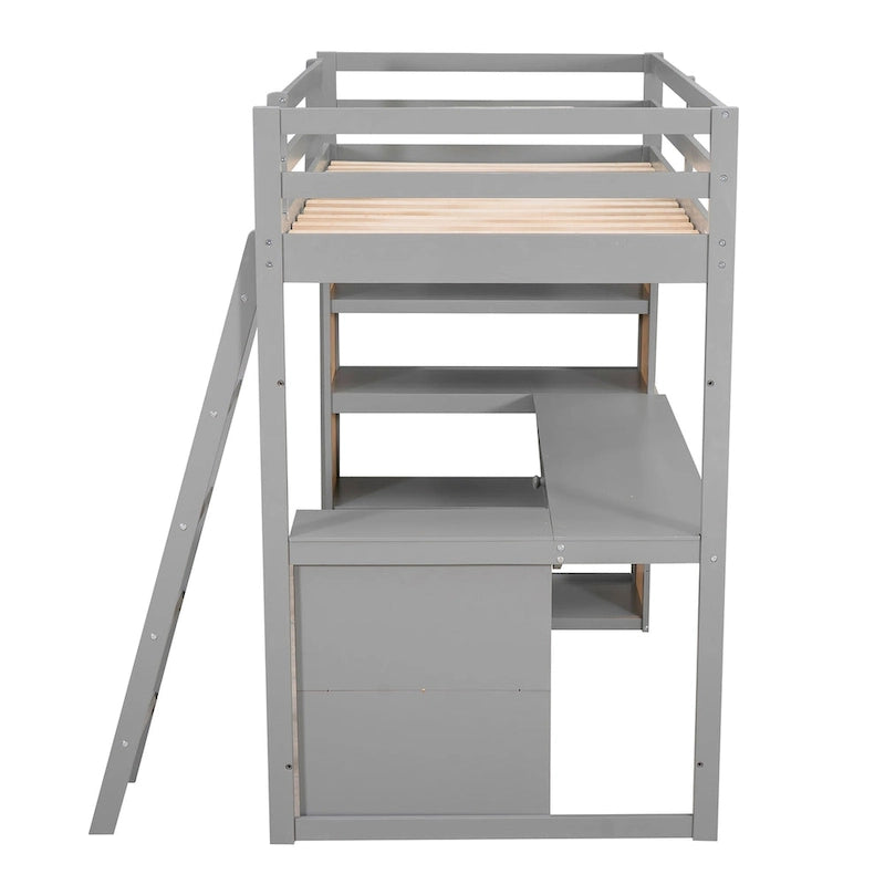 Cama alta con escritorio, estantes, cajón y escalera, barandilla de cuerpo entero