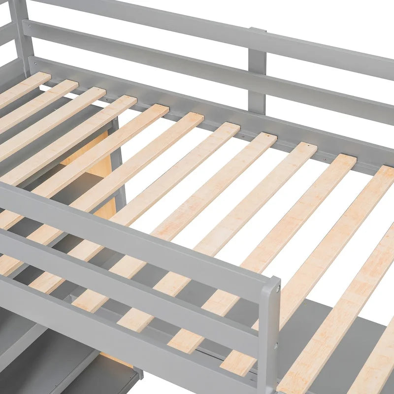 Cama alta con escritorio, estantes, cajón y escalera, barandilla de cuerpo entero