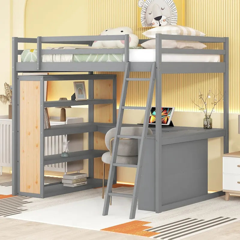 Cama alta con escritorio, estantes, cajón y escalera, barandilla de cuerpo entero