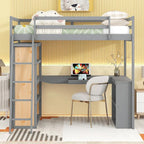 Cama alta con escritorio, estantes, cajón y escalera, barandilla de cuerpo entero