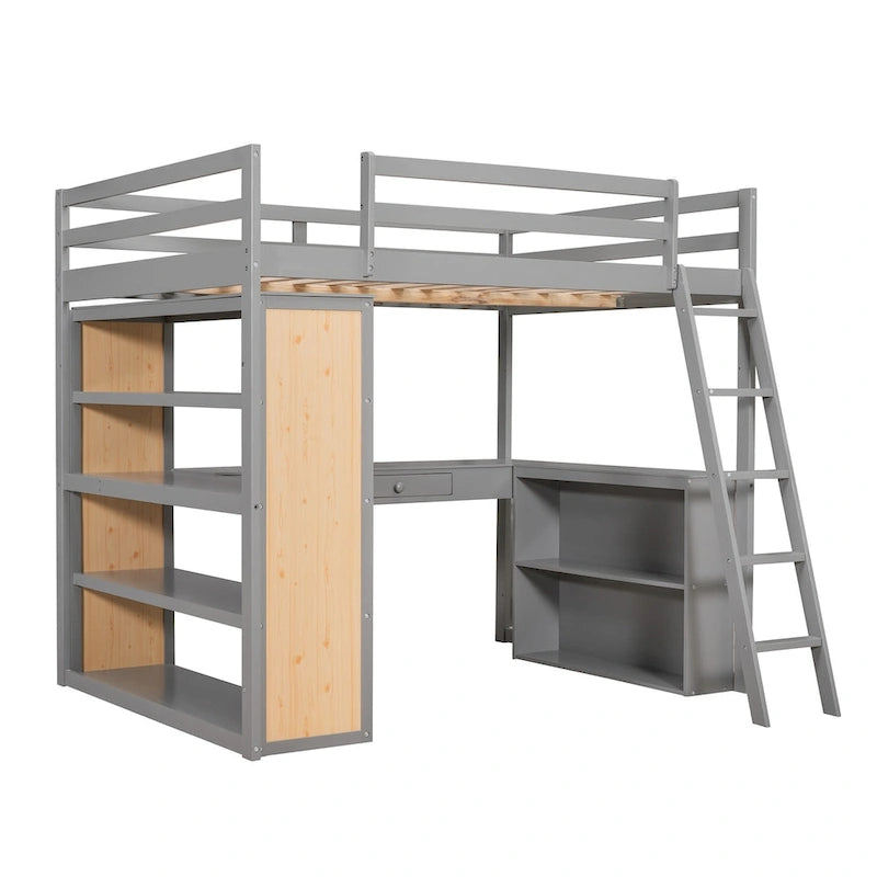 Cama alta con escritorio, estantes, cajón y escalera, barandilla de cuerpo entero