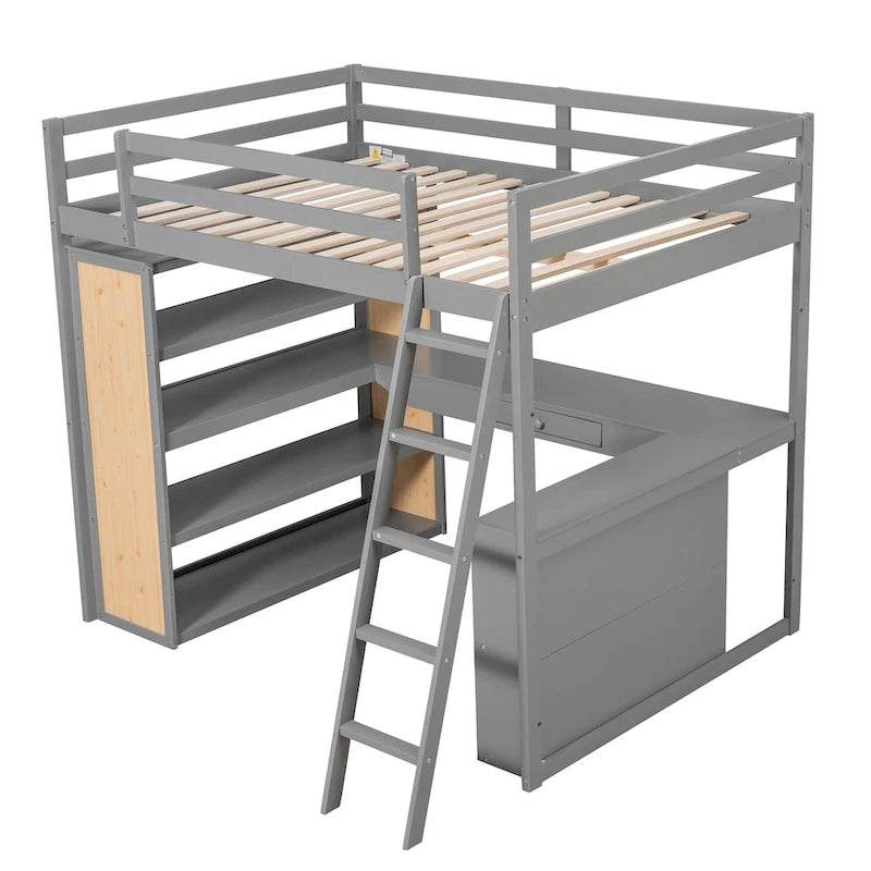 Cama alta con escritorio, estantes, cajón y escalera, barandilla de cuerpo entero
