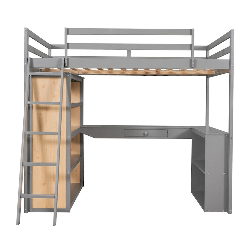 Cama alta con escritorio, estantes, cajón y escalera, barandilla de cuerpo entero