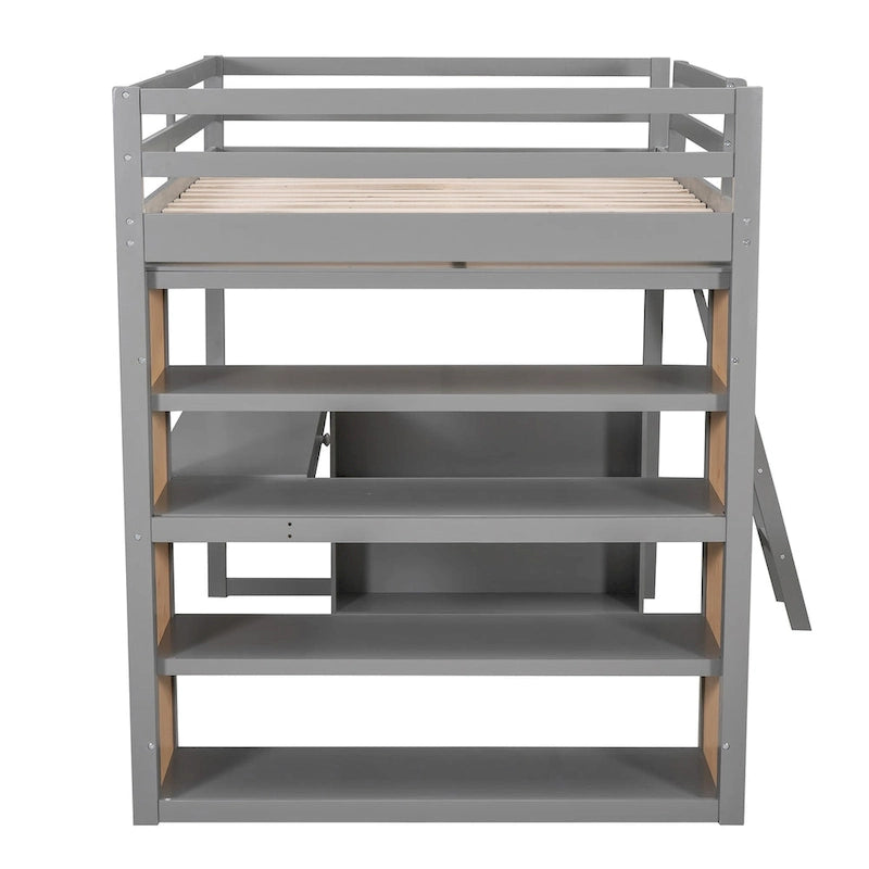 Cama alta con escritorio, estantes, cajón y escalera, barandilla de cuerpo entero