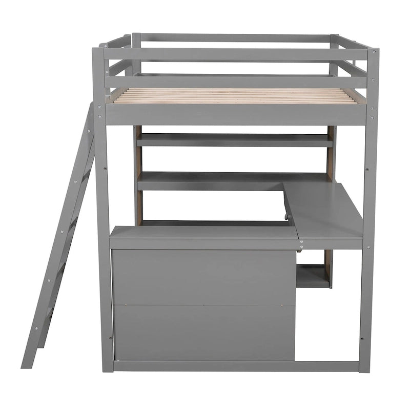 Cama alta con escritorio, estantes, cajón y escalera, barandilla de cuerpo entero