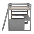 Cama alta con escritorio, estantes, cajón y escalera, barandilla de cuerpo entero